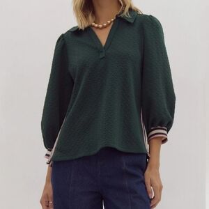 Entro Hunter Green Embossed Textured Puff Sleeve Henley Top Side Zipper Size L